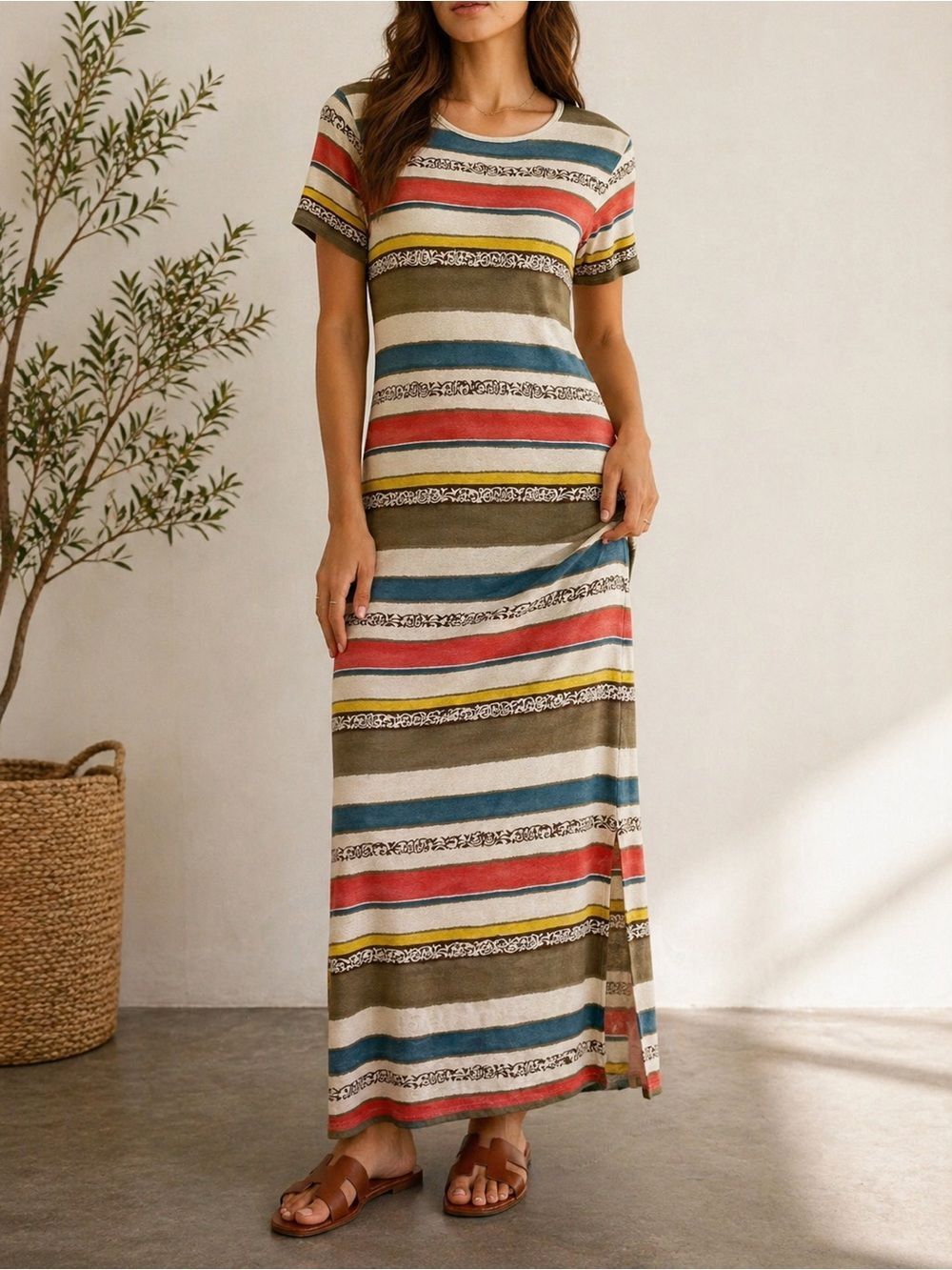 Vintage Liz & Co Striped Knit Maxi Dress Size Small Boho Linen Blend Multicolor